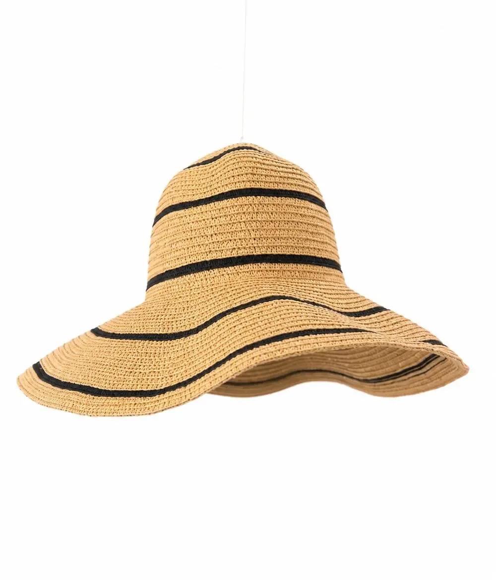 Wallaroo Wide Brim Sun Hat Straw Paper Braid Black Stripe Packable Beach Hat
